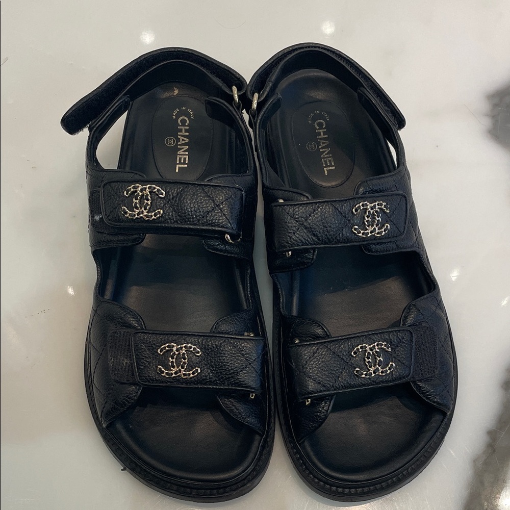CHANEL Black Sandals with Silver Accents